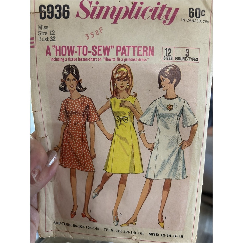 Vintage 1966 Simplicity Sewing Pattern 6936 Size 12 Misses A-Line Dress Cut